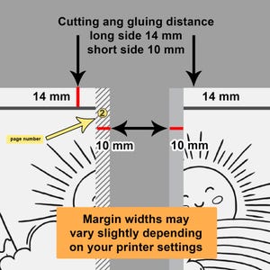 May include: Diagram showing the cutting and gluing distance for a book with a 14 mm long side and a 10 mm short side. The diagram shows the page number, a red line, and the text "Margin widths may vary slightly depending on your printer settings."