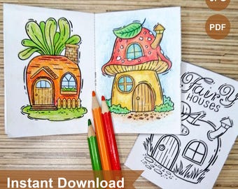 Petit mini livre de coloriage | Livre de coloriage imprimable maison de fée | pages numériques imprimables JPEG, fichier PDF | Format A4 | DIY pour les enfants