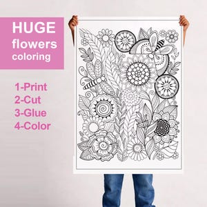 Könnte beinhalten: Ein großes rechteckiges Ausmalposter mit schwarz-weißen Strichzeichnungen verschiedener Blumen, Blätter, eines Schmetterlings und einer Libelle. Der Text auf der linken Seite lautet: HUGE flowers coloring, 1-Print, 2-Cut, 3-Glue, 4-Color.