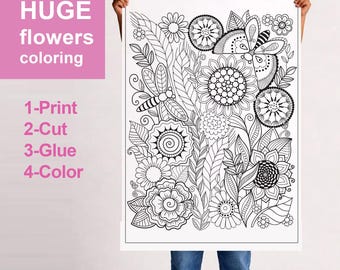 HUGE flowers coloring page | Printable collaborative coloring poster | entertainment  fun coloring for kids, birthday decor