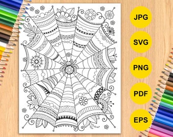 Dibujo para colorear de tela de araña para adultos. Colorante zentangle imprimible para Halloween. Png, SVG, jpeg