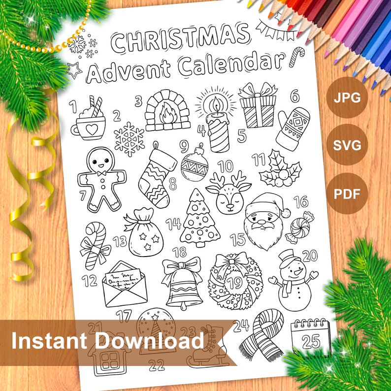 Printable Christmas Advent Calendar Colouring Page. Festive Poster
