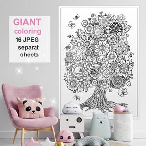 Árvore de flores GIGANTE para colorir | Pôster para colorir para imprimir | zona de fotos, colorir de entretenimento para crianças, decoração para festa de aniversário
