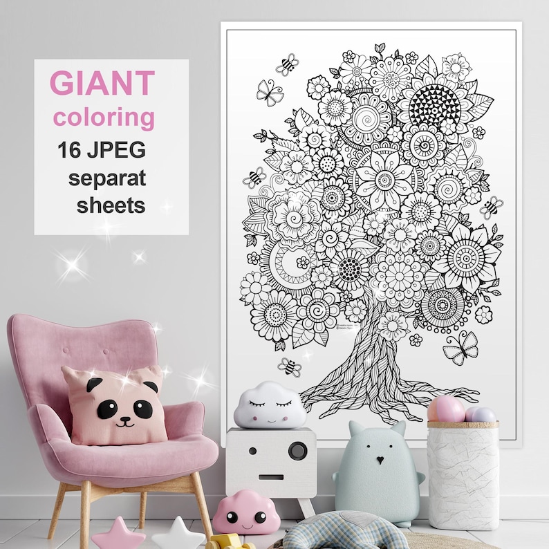 May include: A black and white colouring page featuring a large tree with intricate floral designs. The text "GIANT colouring 16 JPEG separat sheets" is visible in the top left corner of the image.