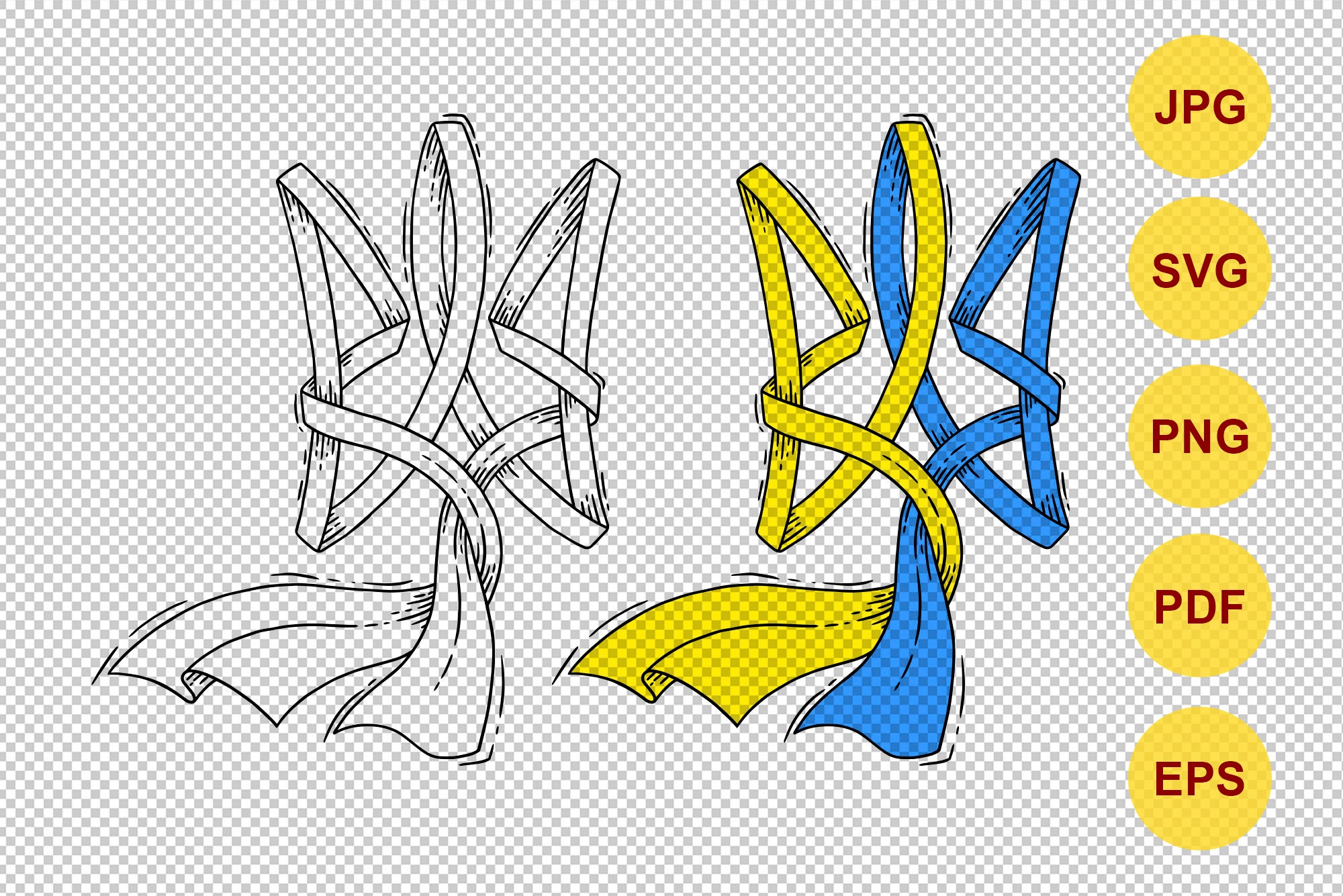 Coat of arms of Ukraine trident. Ribbon in blue and yellow flag, ukrainian symbol desig. Vector print file Png, SVG
