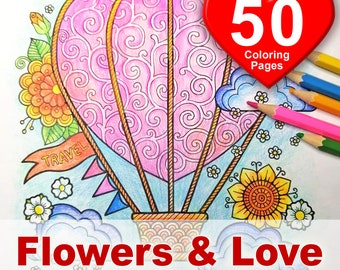 Libro para colorear imprimible para adultos Flores y amor. Libro para colorear en formato PDF. Lote de 50 páginas A4 (8,3" x 11,7"), libro para colorear mandalas