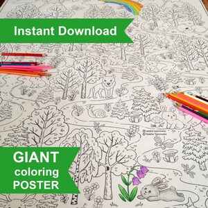 May include: A black and white coloring poster with a woodland theme. The poster features a winding path through a forest with trees, flowers, a snail, a dragonfly, a wolf, and rabbits. The text "GIANT coloring POSTER" is at the bottom of the poster.