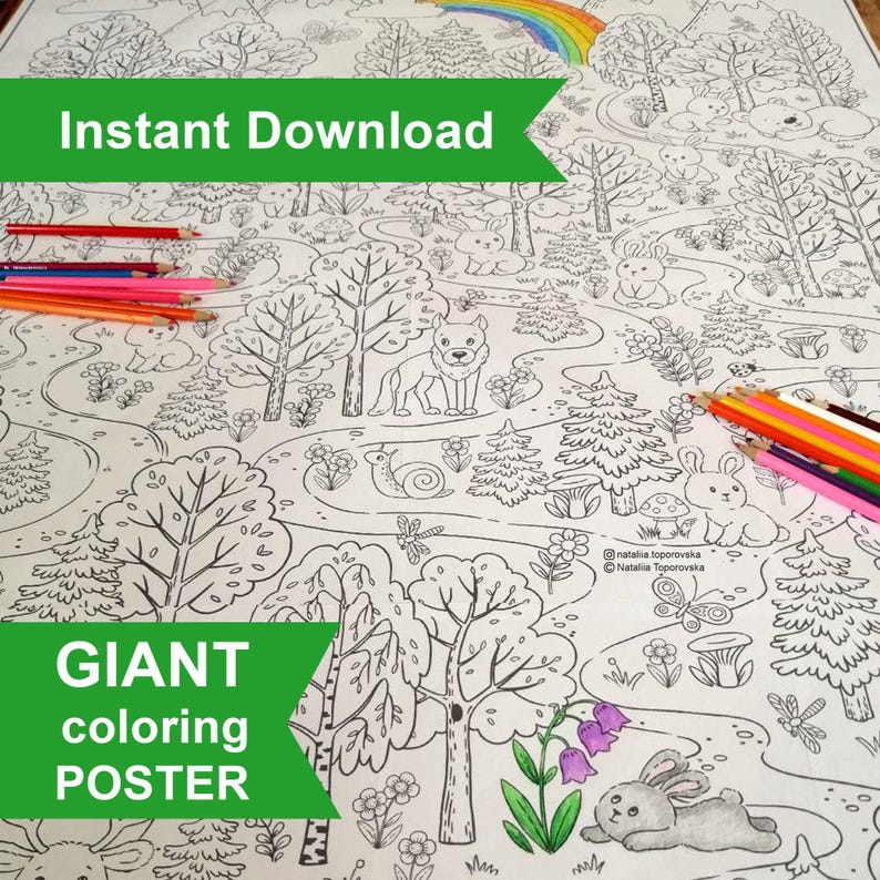 May include: A black and white coloring poster with a woodland theme. The poster features a winding path through a forest with trees, flowers, a snail, a dragonfly, a wolf, and rabbits. The text "GIANT coloring POSTER" is at the bottom of the poster.