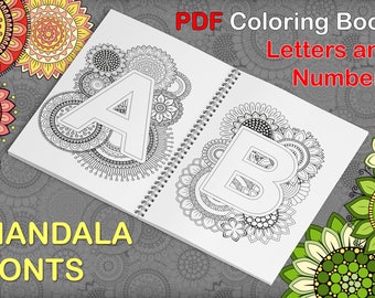 Printable coloring book Mandala Font.  PDF coloring page. Set of (26) 8.3"x11.7" Capital Letters and Numbers