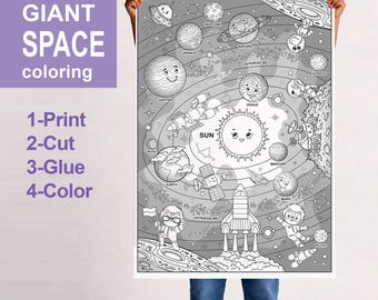 GIANT space coloring | Printable coloring Poster | Solar system collaborative coloring for children, entertainment for birthday party