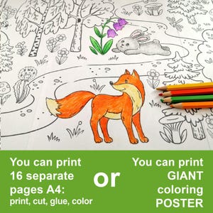 May include: A black and white coloring page featuring a fox, a rabbit, and a forest scene. The text "You can print 16 separate pages A4: print, cut, glue, color" and "Or" is visible at the bottom of the page. The text "You can print GIANT coloring POSTER" is visible at the bottom right of the page.