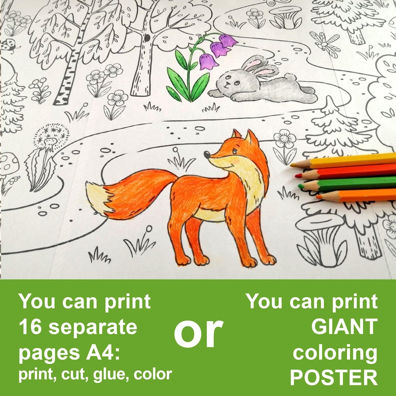 May include: A black and white coloring page featuring a fox, a rabbit, and a forest scene. The text "You can print 16 separate pages A4: print, cut, glue, color" and "Or" is visible at the bottom of the page. The text "You can print GIANT coloring POSTER" is visible at the bottom right of the page.