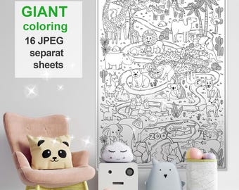 ZOOLÓGICO GIGANTE para colorear / Póster para colorear imprimible / Zona de fotos, entretenimiento para colorear para niños, decoración para fiestas de cumpleaños