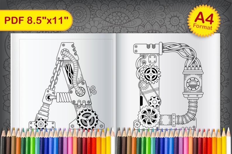 Download Printable coloring book Steampunk alphabet. PDF coloring ...