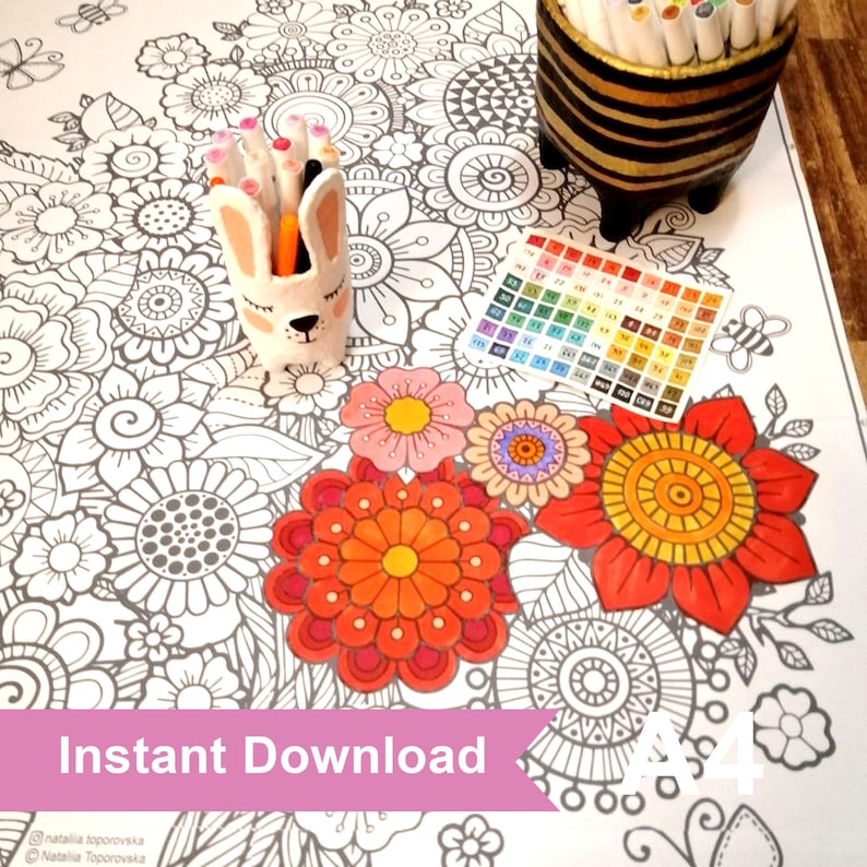 May include: A black and white colouring page with a floral design. The page is partially coloured with red, orange and pink flowers. The text "Instant Download" is visible at the bottom of the page.