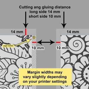 May include: Diagram showing the cutting and gluing distance for a 14 mm by 10 mm page. The diagram shows a page number "5" and the text "page number". The text "Margin widths may vary slightly depending on your printer settings" is also included.
