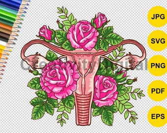 Útero floral SVG, Vagina floral. Mi vagina es hermosa. Sistema reproductor femenino hecho de flores. Archivo vectorial PNG, SVG. Concepto de feminismo.