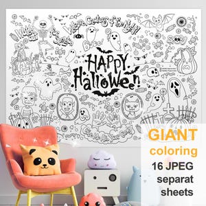 Op de afbeelding: Een grote zwart-wit kleurplaat met Halloween-thema's zoals geesten, skeletten, pompoenen, vleermuizen en snoep. De tekst luidt "Watch out for Skeleton", "Welcome, Creatures of the Night!", "Boo!", "HAPPY HALLOWEEN" en "Give Me All Your Candy".