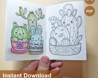 Mini libro para colorear / Cactus kawaii, Cactus para colorear (Descargar PDF, JPEG)