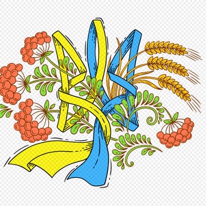 Wappen der Ukraine Dreizack. Band in blau und gelb-Fahne, Viburnum und Ähren. Vektordruckdatei Png, SVG