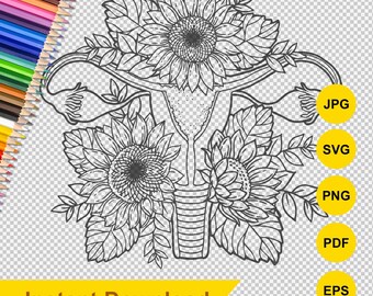 Útero floral SVG, vagina de girasol / sistema reproductor femenino hecho de flores. Archivo vectorial PNG, SVG. Concepto de feminismo.