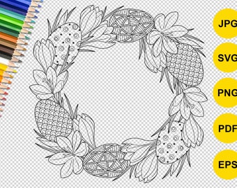 Feliz Pascua.  Marco con Mandala Huevos y flores. Página para colorear zentangle imprimible para adultos. Png, SVG, jpg