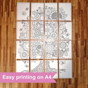 May include: A black and white colouring page featuring a large tree with intricate floral designs. The tree is divided into 16 sections, each with a unique pattern. The text "Easy printing on A4" is at the bottom of the image.