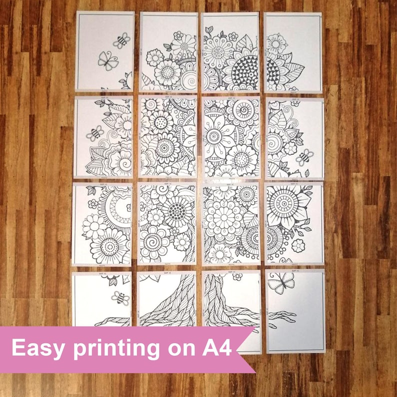 May include: A black and white colouring page featuring a large tree with intricate floral designs. The tree is divided into 16 sections, each with a unique pattern. The text "Easy printing on A4" is at the bottom of the image.