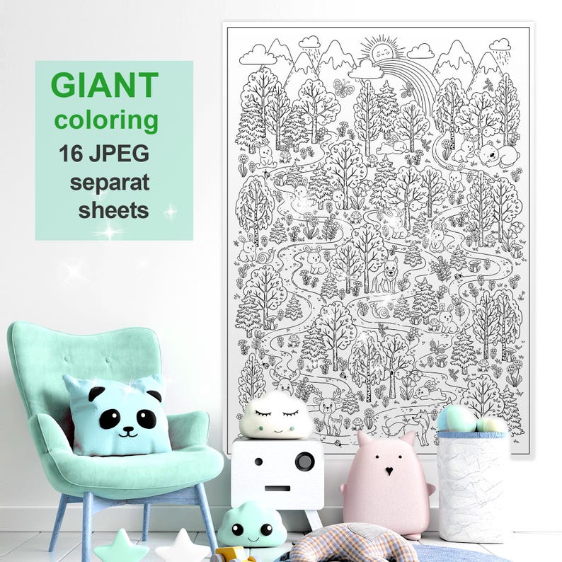 May include: A black and white coloring page featuring a forest scene with trees, animals, and a winding path. The text "GIANT coloring 16 JPEG separat sheets" is visible in the upper left corner of the image.