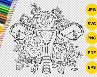 Útero floral SVG, Vagina floral. Mi vagina es hermosa. Sistema reproductor femenino hecho de flores. Archivo vectorial PNG, SVG. Concepto de feminismo.
