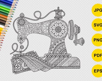Vintage mandala sewing machine.  Printable zentangle coloring page. Vector cricut svg file, wall art, Png, SVG, cricut svg