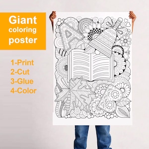 Könnte beinhalten: Ein großes rechteckiges Ausmalposter mit schwarz-weißen Strichzeichnungen eines offenen Buches, einer Glocke, eines Ahornblatts sowie den Buchstaben A und B, umgeben von komplexen Blumen- und Geometriemustern. Der Text Giant coloring poster 1-Print 2-Cut 3-Glue 4-Color ist sichtbar.