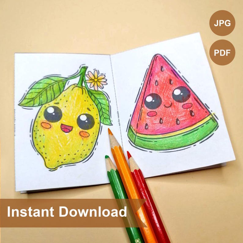 May include: A printable coloring page featuring a cartoon lemon and watermelon with cute faces. The lemon is yellow with a green stem and leaves. The watermelon is red with black seeds and a green rind. The page is designed for children to color.