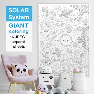 Målarbild för jättesolsystemet | Utskrivbar målarposter | Samarbetsmålarbild för barn i rymden, underhållning för födelsedagskalas