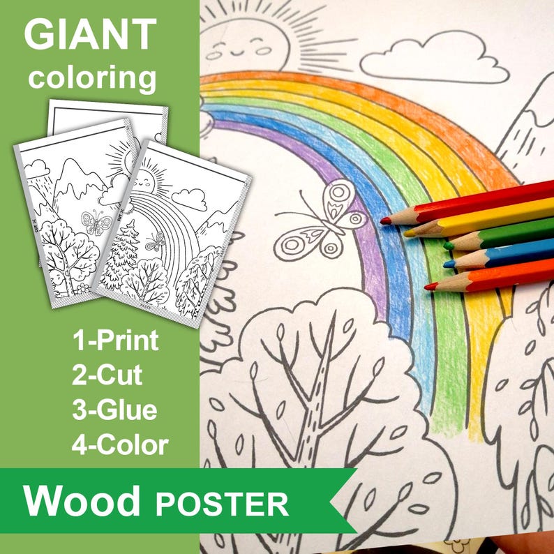 May include: A black and white coloring page featuring a rainbow, a butterfly, trees, mountains, and a sun. The page is labeled "GIANT coloring" and "Wood POSTER".