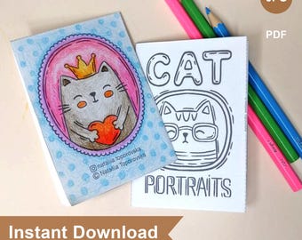 Minilibro para colorear / Libro para colorear de retratos de gatos imprimible / Páginas imprimibles digitales en formato JPEG, PDF / Tamaño A4 / Manualidades para niños
