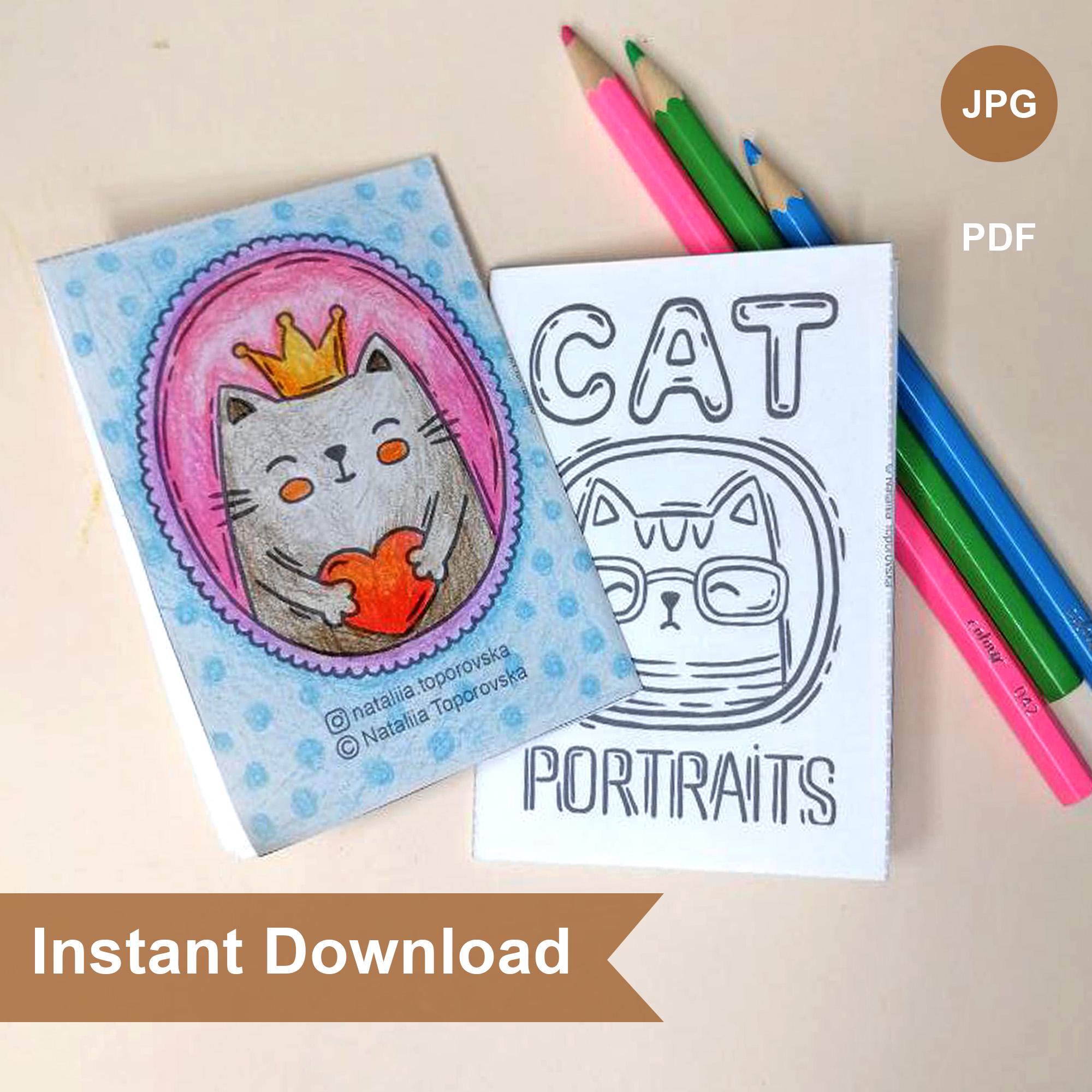 Petit mini livre de coloriage | Livre de coloriage de portraits de chats à imprimer | pages numériques imprimables JPEG, fichier PDF | Format A4 | DIY pour les enfants
