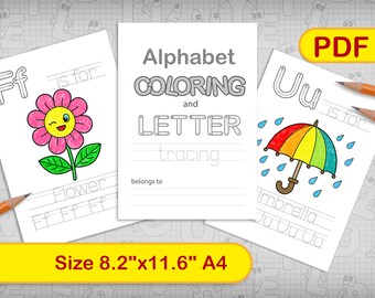 Printable worksheet. Alphabet coloring book and handwriting practice. ABC Letter tracing. PDF coloring page. Set of (54 pages) 8.2"x11.6"
