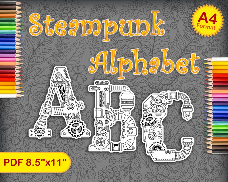 Download Printable coloring book Steampunk alphabet. PDF coloring ...