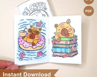 Mini livre de coloriage Capybara | Livre de coloriage imprimable Capybara | pages imprimables JPEG, fichier PDF | Format A4 | Bricolage Capybara pour enfants
