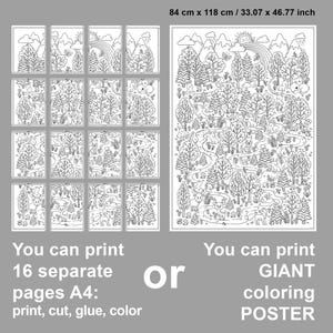 May include: A black and white coloring page featuring a forest scene with a winding path, trees, and animals. You can print this design as 16 separate 8.5 x 11 inch pages or as a giant 33.07 x 46.77 inch poster.