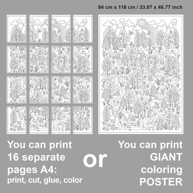 May include: A black and white coloring page featuring a forest scene with a winding path, trees, and animals. You can print this design as 16 separate 8.5 x 11 inch pages or as a giant 33.07 x 46.77 inch poster.