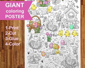 Huevos de Pascua gigantes para colorear / Póster para colorear imprimible / zona de fotos, entretenimiento de PASCUA para colorear para niños, decoración para fiesta de cumpleaños