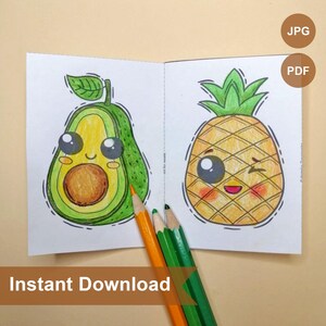May include: A printable coloring page featuring a cartoon avocado and pineapple with cute faces. The avocado is green with a brown pit and the pineapple is yellow with a green crown. The page is ready for instant download in JPG and PDF formats.