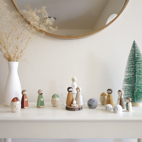 Belén de madera, decoración rústica para el hogar, Navidad campestre, Natividad, Belén de madera, regalo de Navidad, decoración navideña, figuras de madera