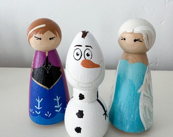 Handpainted Wooden Peg Doll Frozen Princess Set, Elsa, Anna, Olaf Toy