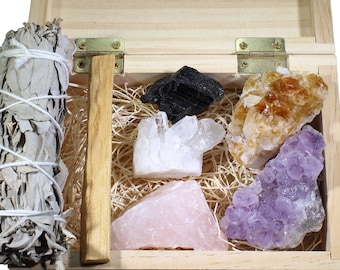 Premium Quality Hand Selected Crystal Set | Amethyst Citrine Quartz Clusters | Rose Quartz | Black Tourmaline | Palo Santo and Sage | Home