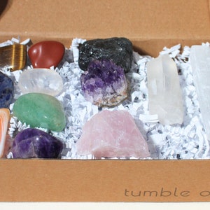 Travel Chakra Crystal Set | Beginner Starter Kit | Amethyst Cluster | Raw/Tumbled Crystals | Selenite/Point | Healing Metaphysical Crystals