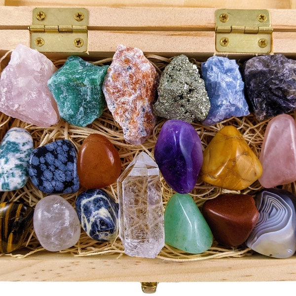 Beginner Crystal Gift Set-19 pcs Starter Kit-Raw Crystal-Healing Crystal Set-Gemstones-Metaphysical Real Crystal-Bulk Crystal-Rose Quartz