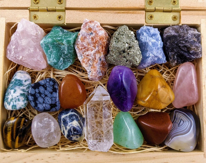 Beginner Crystal Gift Box Set | 19 piece Chakra Crystal Set | Raw Crystal | Tumbled Gemstones | Healing Crystals | Metaphysical Real Crystal